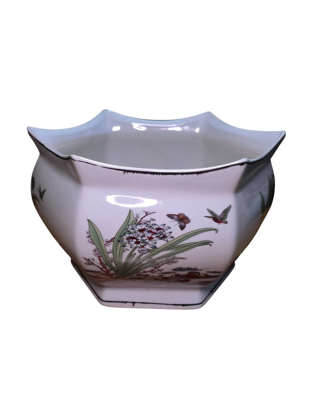 Large Porcelain Botanical Jardinière Cache Pot/ Indoor Planter-Vintage Chinese